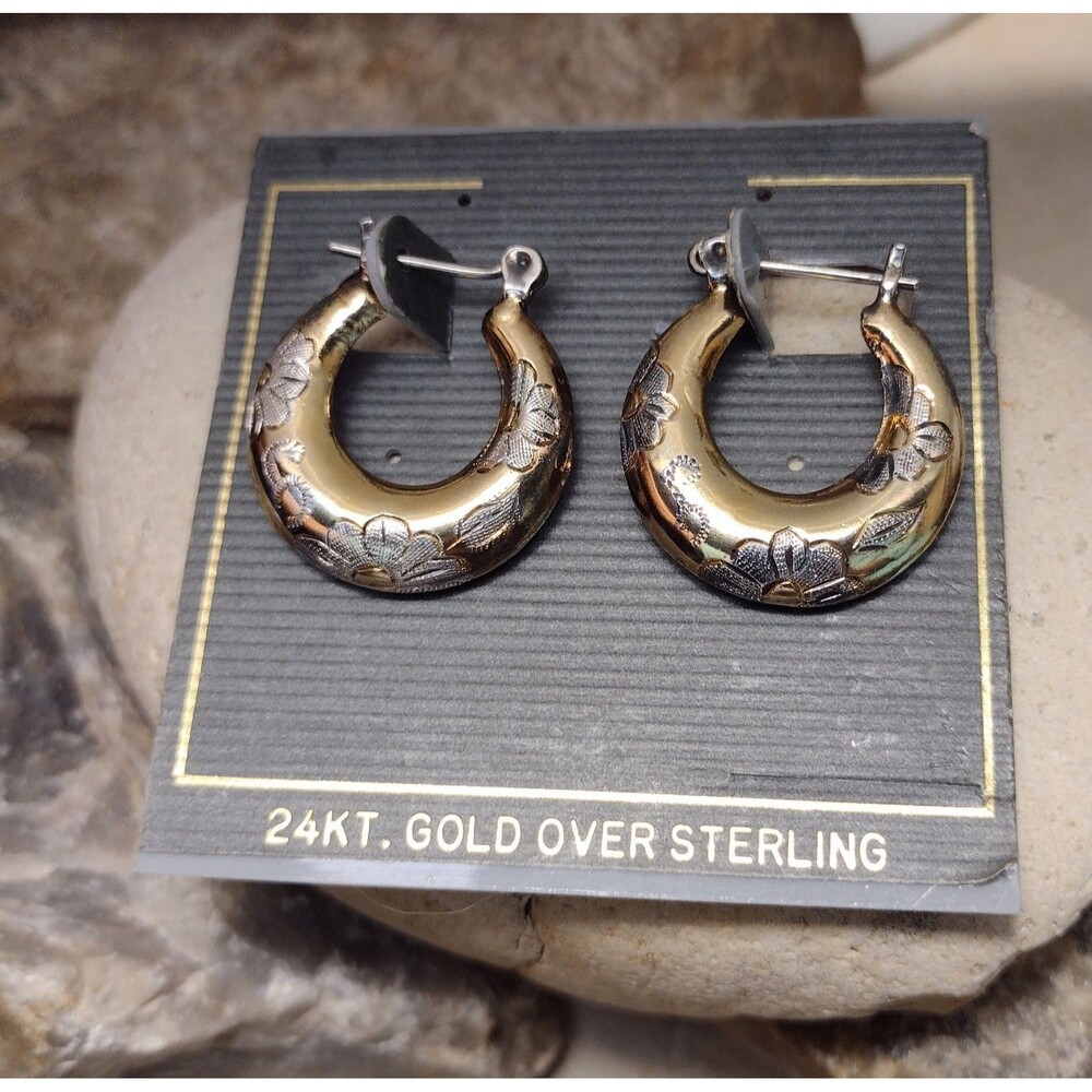 24KT Gold Over Sterling Floral Hoop Earrings - Gold - Picture 6 of 11